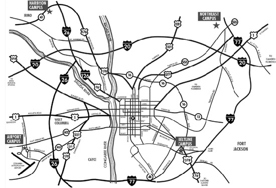 Map of all MTC Campuses in Columbia, South Carolina